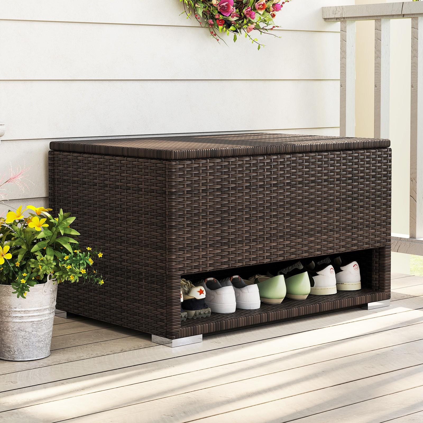 TEMU LIFEZEAL Boîte de Terrasse en Rotin PE de 48 Gallons avec Rangement à Chaussures et Couvercle Rabattable - Organisateur Extérieur Robuste Toutes