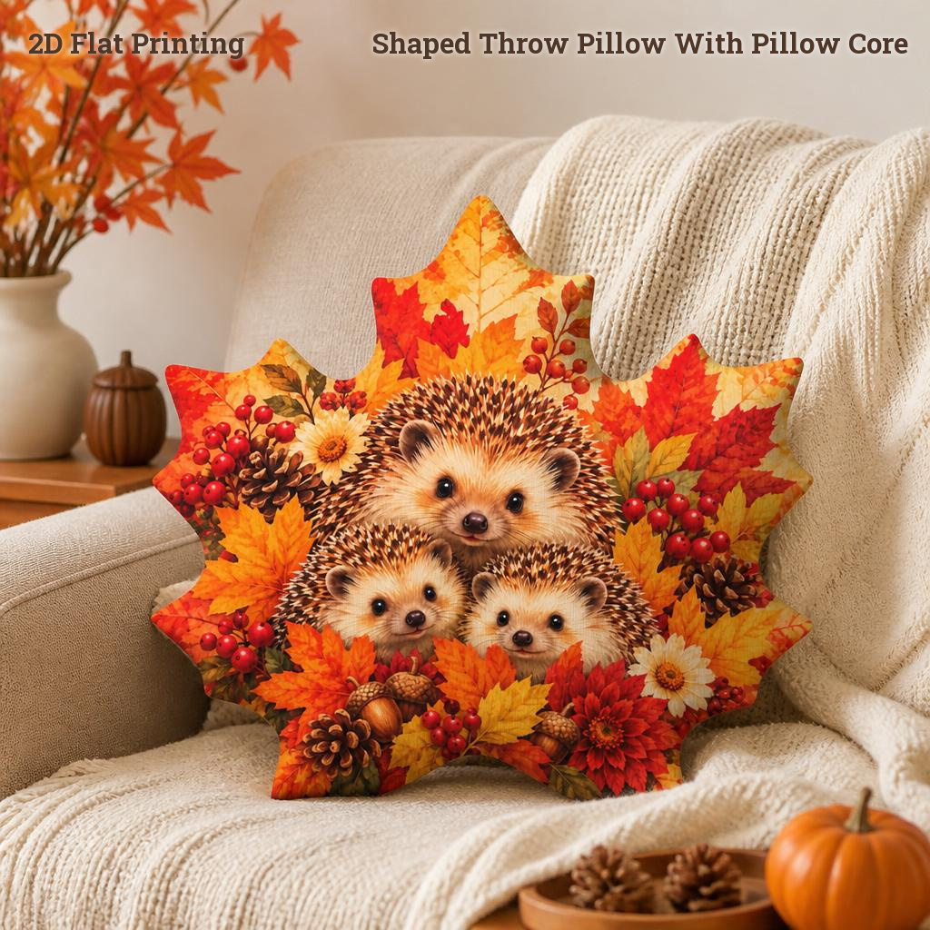 TEMU Coussin décoratif en peluche, motif 2D plat, représentant une famille d'hérissons d'automne, des feuilles d'érable et des de la nature. Idéal