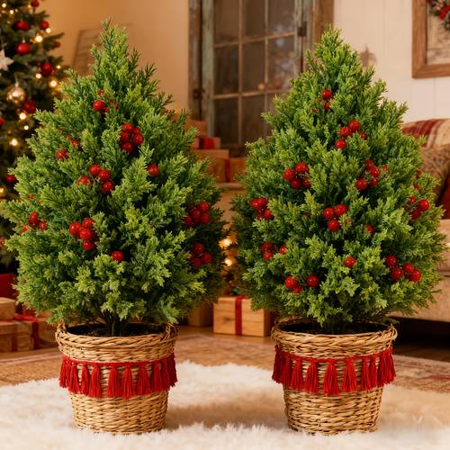 two realistic large artificial pine trees featuring 10 red berries and ground spikes designed for indoor and outdoor use decorating and gardens throughout the year including for halloween and weddings