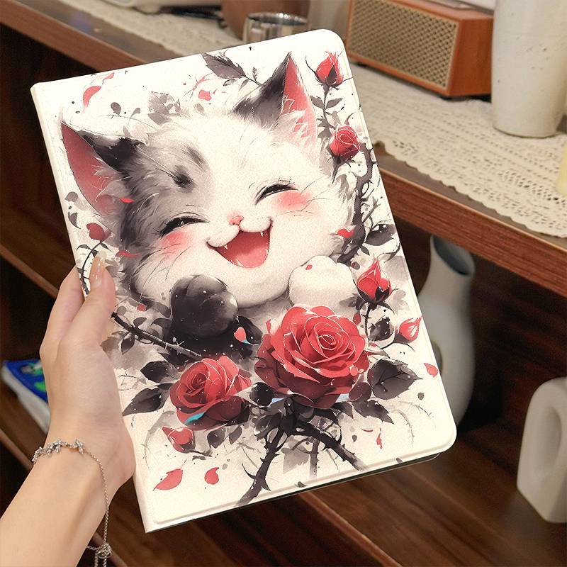 

Adorable Rose Kitten Pattern Tablet Case /a7 Lite/a8/a9/s6 Series - Leather, /wake, Foldable Protective Cover, Foldable Tablet Case|artistic Rose Pattern| Leather Case, Tablet Carrying Case