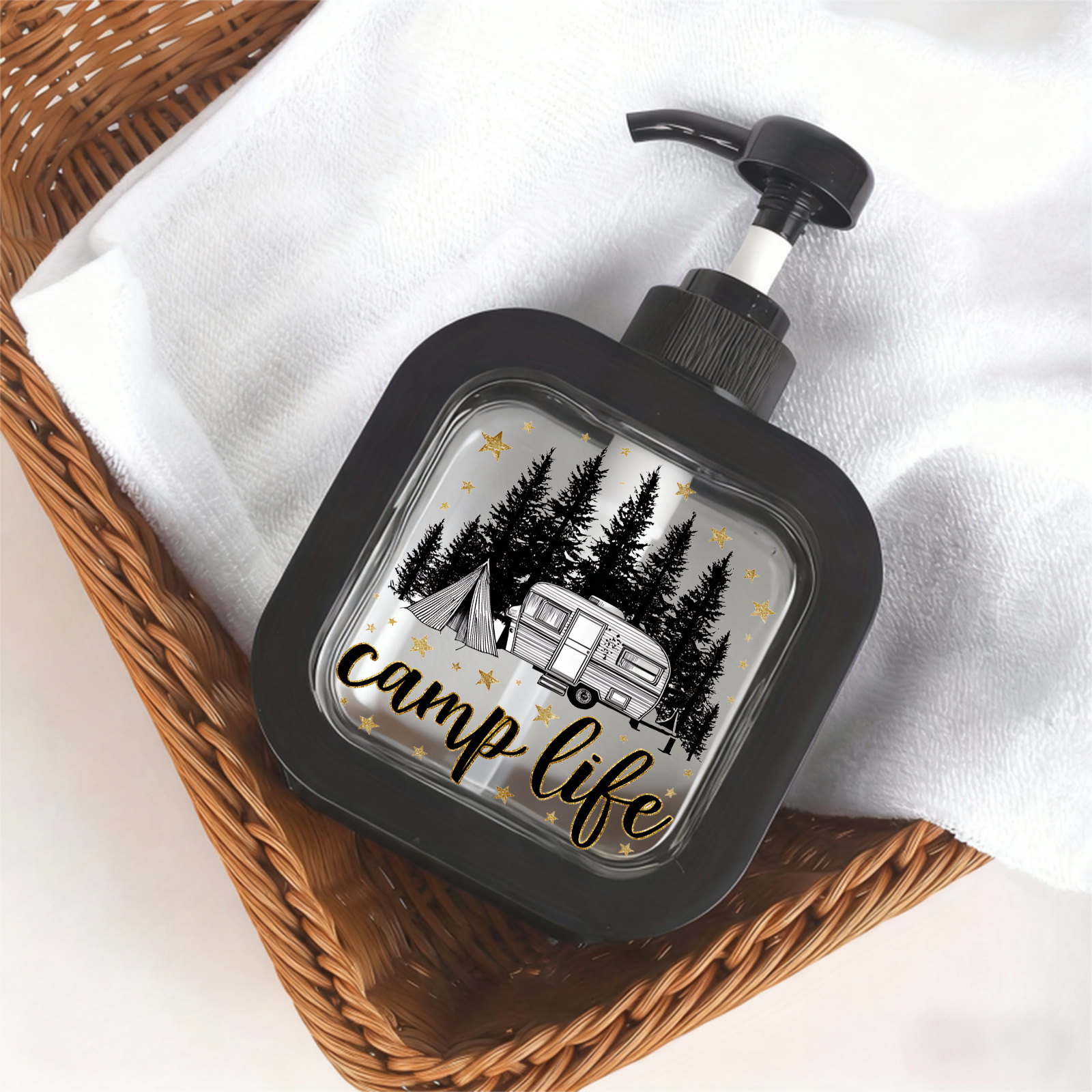 TEMU Distributeur de salle de bain avec pompe à main - Design vintage de camping-car avec d' de forêt , blanc et paillettes dorées, idéal pour ou