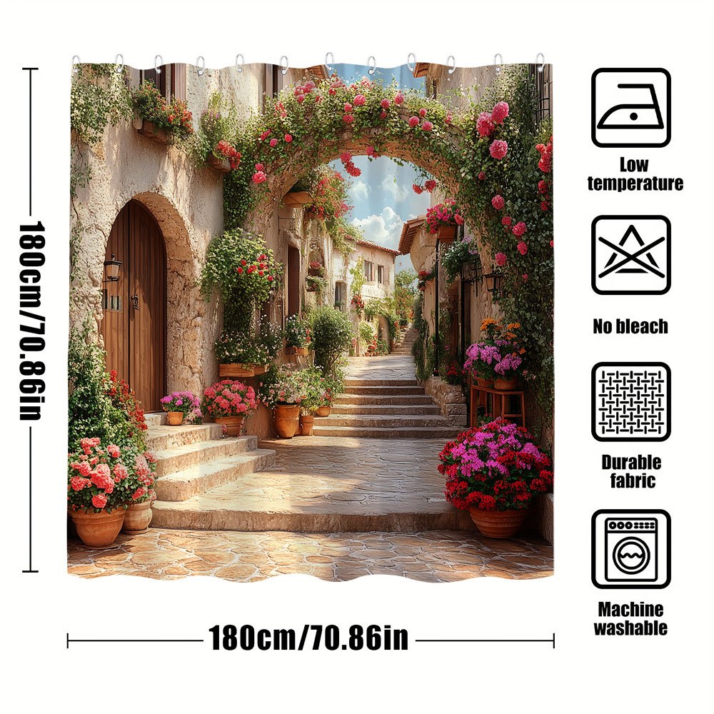 TEMU 1pc Kleine Stad Bloemen Scenische Douche Gordijn, Vakantie Cadeau, Stijlvol Verhuizing Cadeau, Eenvoudig Moderne Thuis Douche Gordijn met Haken