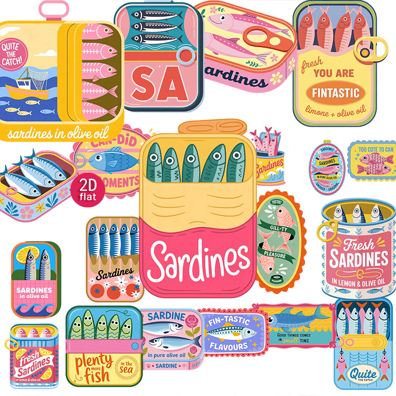 TEMU 2d Flat 20pcs, Vintage Sardine Can Stickers, Cute Retro Canned Fish Illustration Decorative Decals For Journal, , Notebook, , Diaries, Photo
