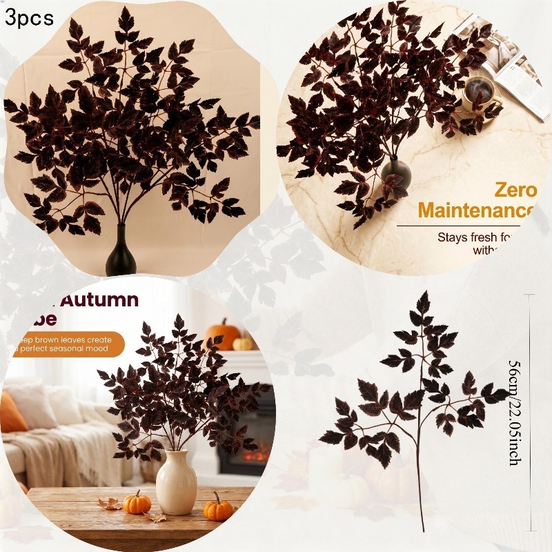 TEMU Set Of 3 Autumn Artificial Dark-colored Leaf Branches With Realistic Dark Brown And Wine- Textures. The Flexible Stems Are Easy To Shape, Making