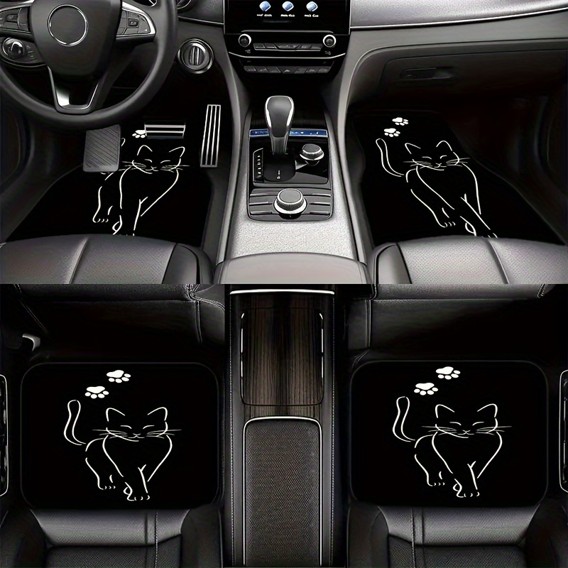 TEMU 4pcs Black Cat Pattern Print Car Floor Mats Set- Front& Rear Full Coverage Auto Interior Accessories, Vehicles Floor Mats Suitable For Sedans, ,