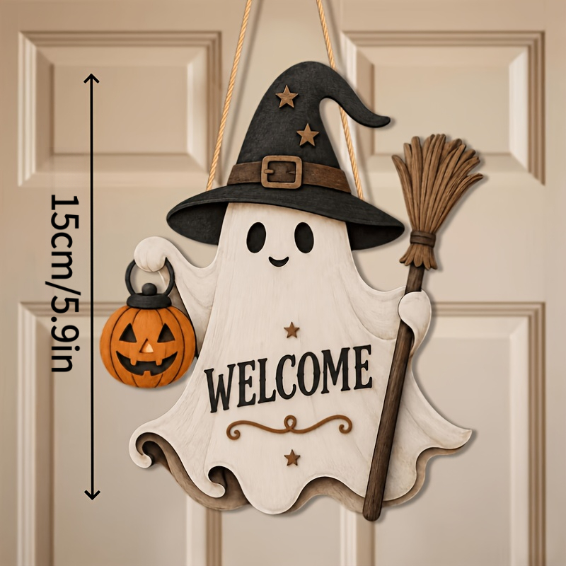 TEMU Guirlande de porte d'accueil plat 2D, joli panneau d'Halloween, décoration de chapeau de sorcière, panneau de porte d'Halloween en bois