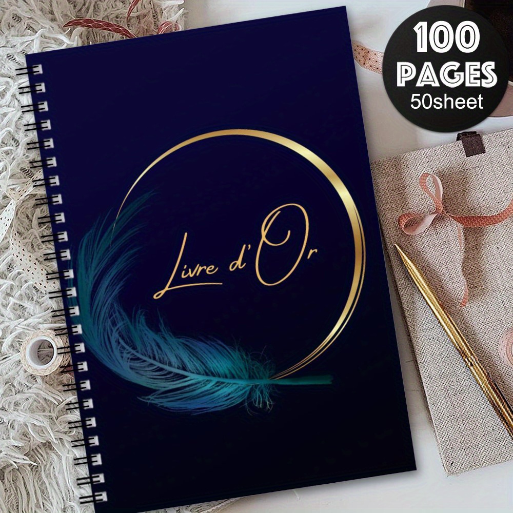 TEMU 1 'Or Élégant Style Français pour Mariage et Journal d'Événements - Carnet Spirale de Luxe Format A5 Bleu Marine et Doré, Lettres Dorées, Pages