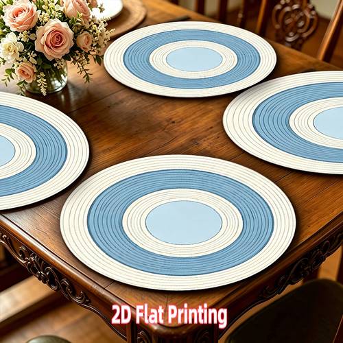 item picture 2d flat 4pcs 6pcs 8pcs round placemat geometric rings blue flat printing polyester fiber non slip heat resistant ideal for elegant dining kitchens farmhouses restaurants home decor holiday parties decorations 2d flat