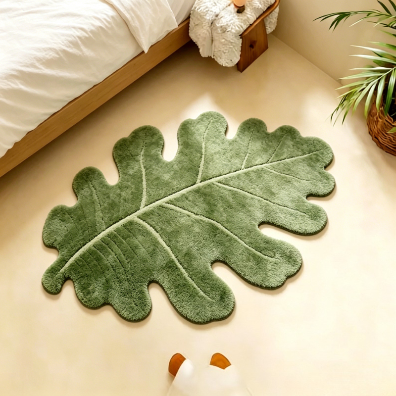 TEMU Faux Imitation Cashmere  900g 9mm Modern Minimalist Rustic Forest-style Green And White Leaf Color- Living Room Entryway Non-slip Mat, Nordic