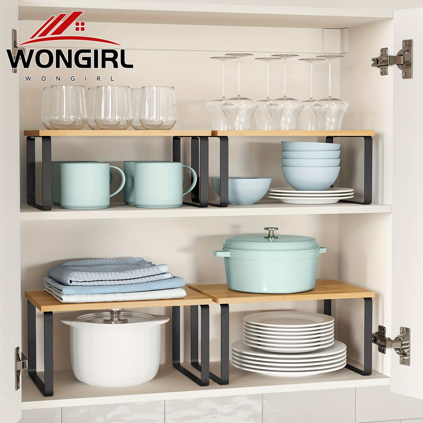 

Set Of 2 Wongirl Adjustable Kitchen Cabinet Organizer Shelves, Stackable, , Metal & Wood Storage Rack For Kitchen