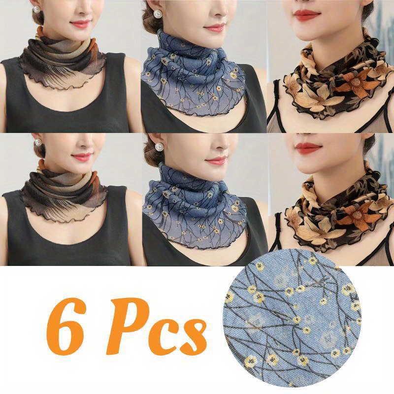 TEMU 6pcs Women's Elegant Hanging Face And Neck Scarf- Lightweight Mesh Breathable, Elastic Ear Straps, Prints(lace, Floral, Solid Color, Leaves