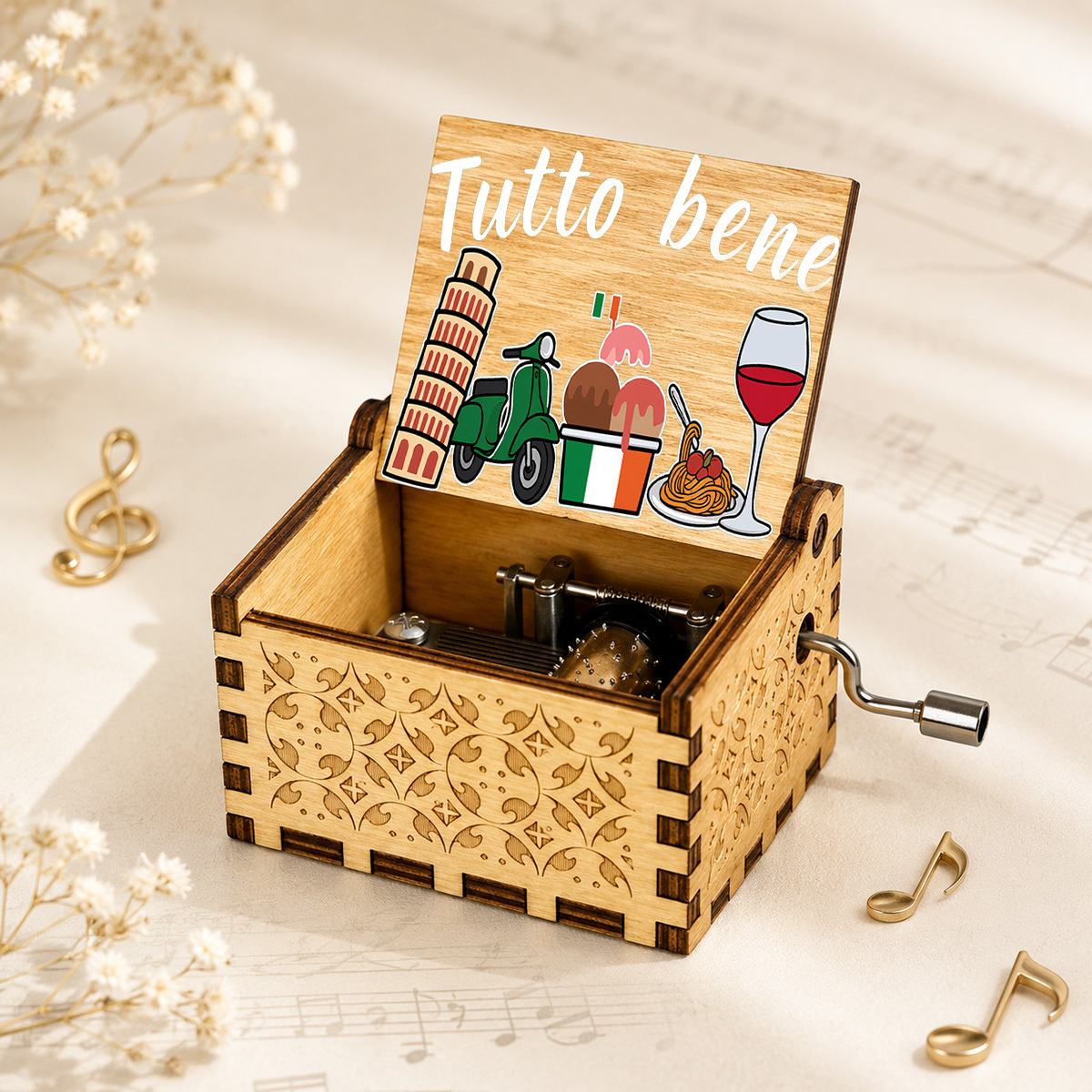 TEMU 1pc Italian-themed Hand-cranked Music Box With Tower Of , Vintage Motorcycles, Italian & Wine Patterns - Retro Suitable For, Tabletop For,