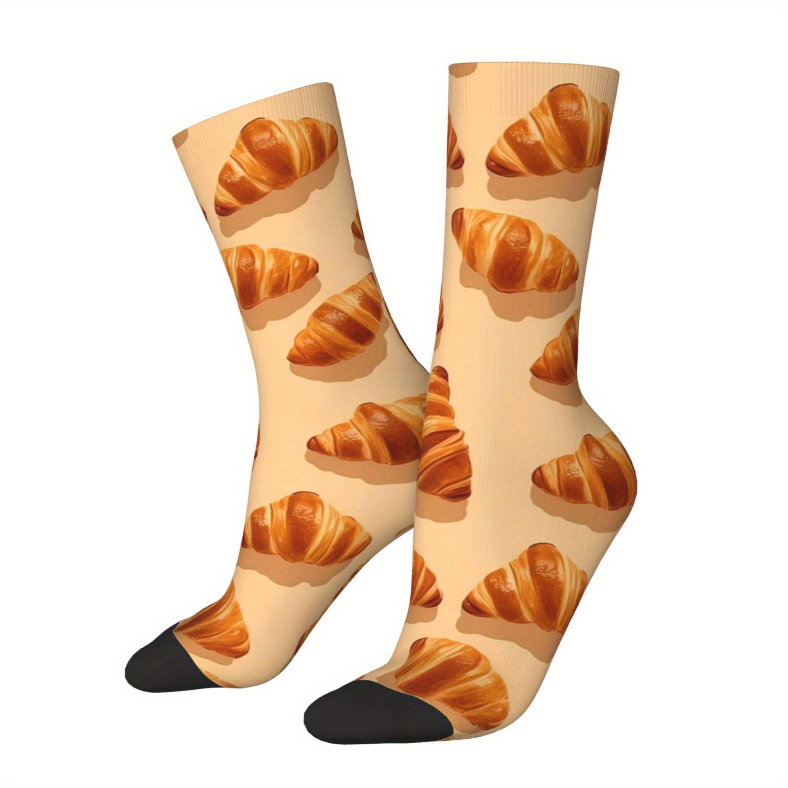 TEMU 1 di Calzini con Stampa Croissant - Design Realistico di e Pasticceria, Divertente Tema Cibo per Casual e Feste, Nuovo Stile Primaverile per