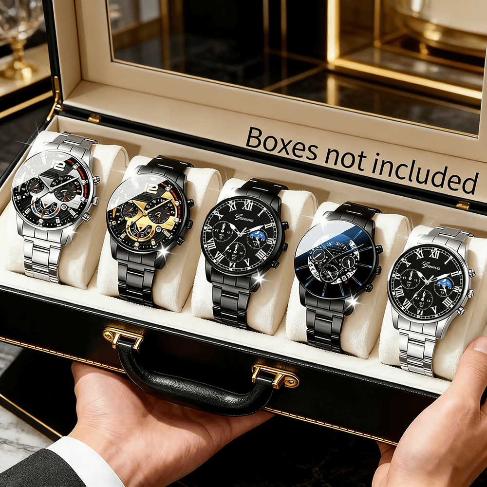 E-shop Dieses stilvolle Herren-Armbanduhren-Set besteht aus 5 Teilen, mit Armbändern aus Zinklegierung, runden Zifferblättern batteriebetriebenen