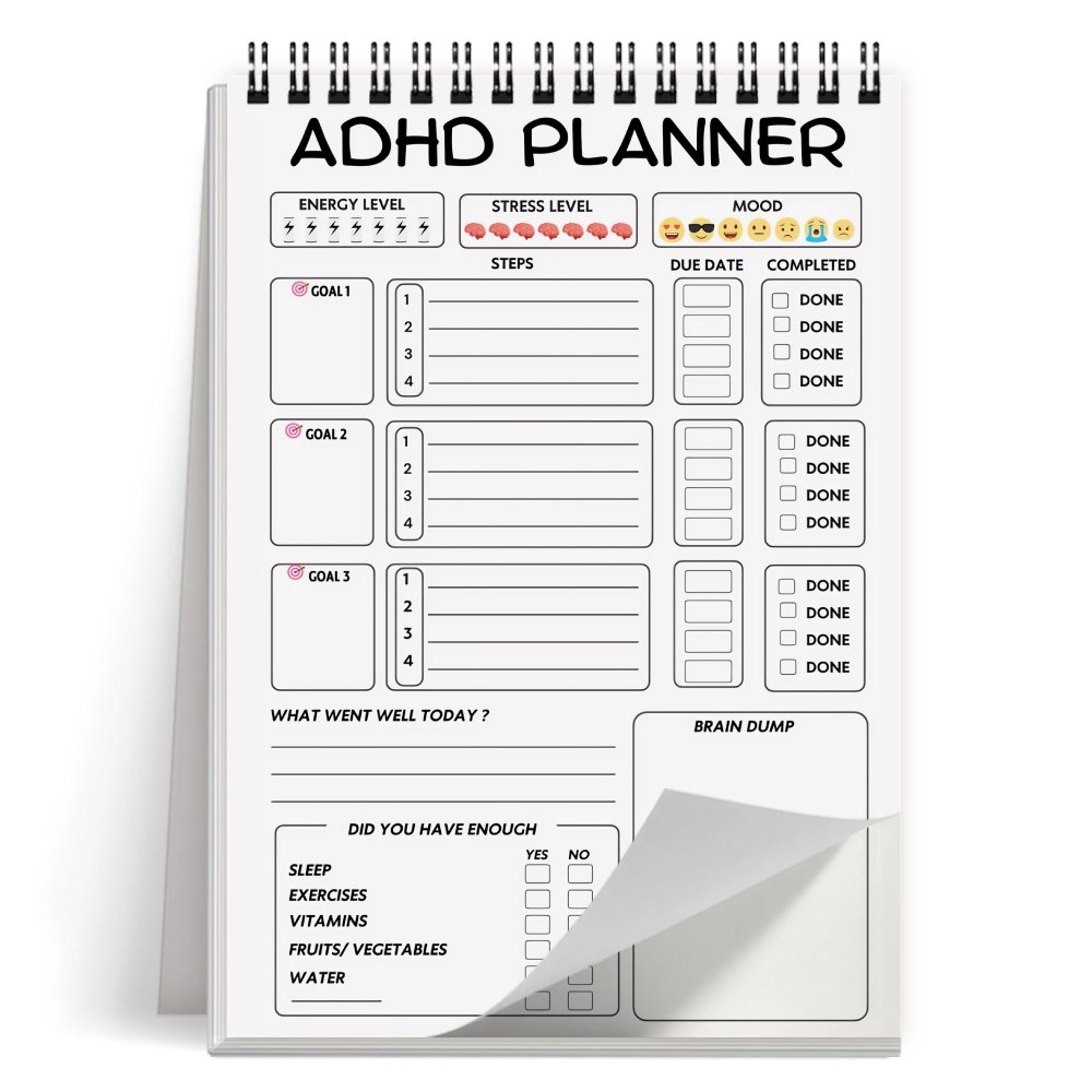 TEMU 1pc Spiral Daily Planner Notebook For Adhd - Task Organizer With Energy & Mood , Goal Setting Sections, Success Log & Habit Checklist - To Do