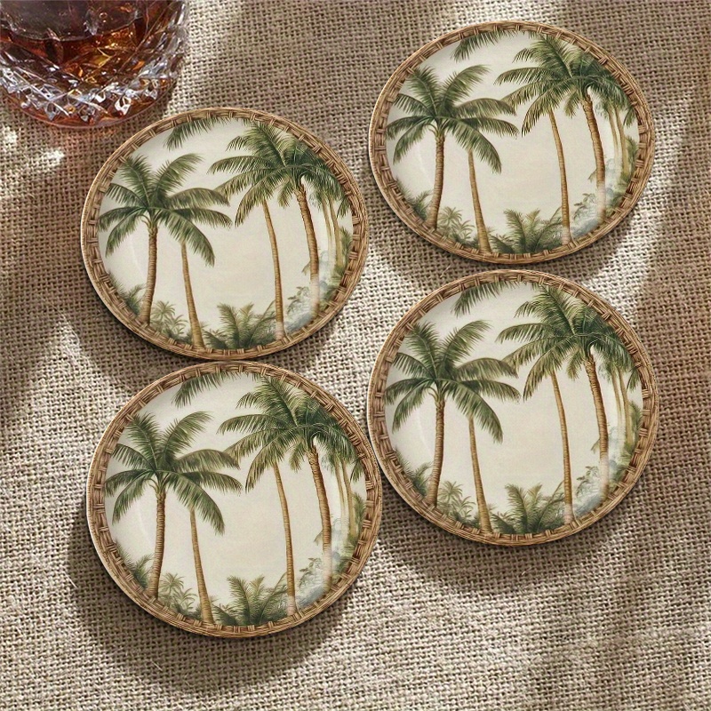 TEMU 4 pièces Sous-verres Ronds en Bois - Design Palmier Tropical, Adaptés pour Salle à Manger et Cuisine, Lavage à Recommandé pour Maison, Chambre,