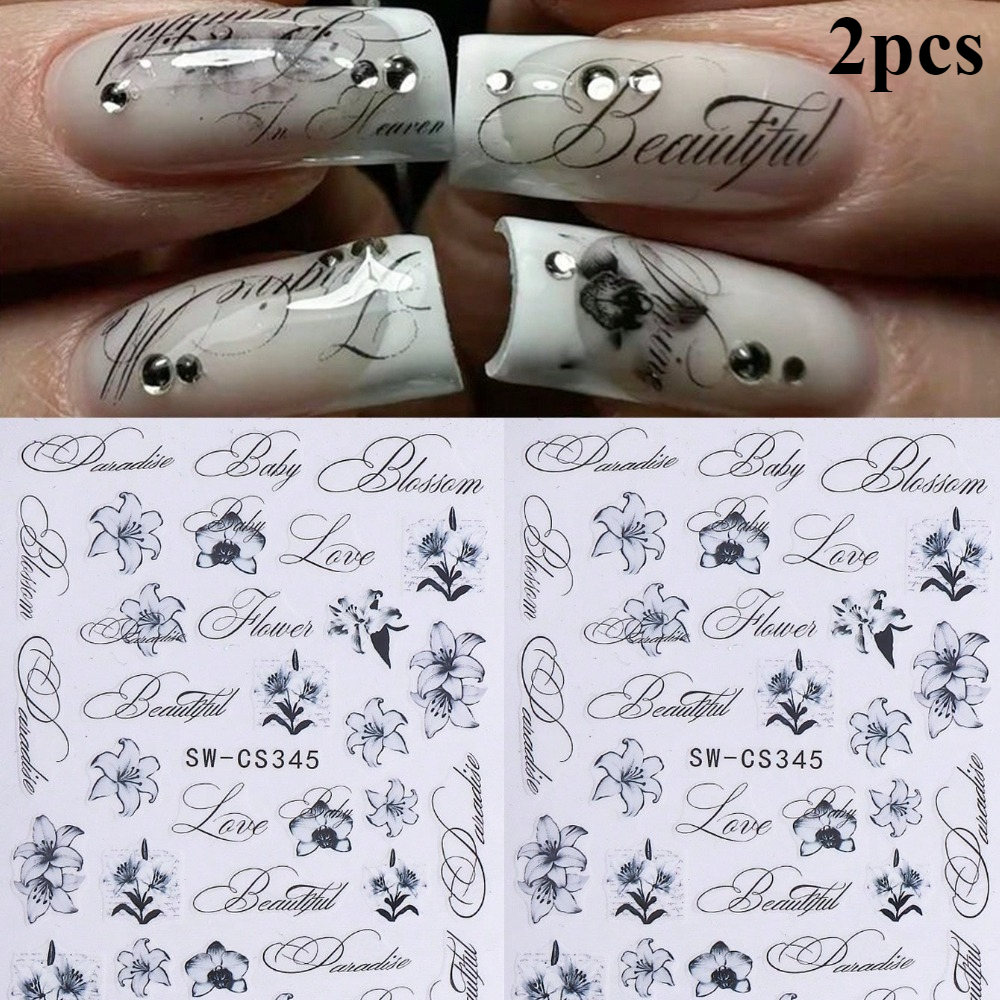 2pcs Lily Letter Nail Stickers, Elegant Black And White Ink Painting Style Flower And Letter Patterns Self-adhesive Nail Decals, Diy Nail Art Supplies