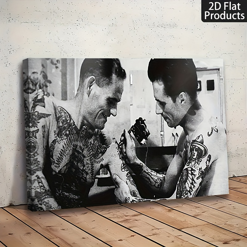 TEMU 2d Flat, Vintage Tattoo Shop Poster - Black & White Suitable For Mysterious Cozy Decor, Wrap-around Canvas Frame Wall Art For , Bedroom, Office,