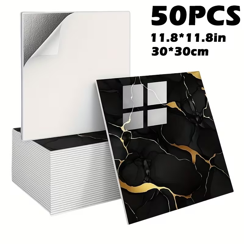 50pcs/100pcs Marble Wall Panels Suitable For Old Ceramic Tile Covering, Removable Wallpaper Tiles, 11.8x11.8in 1.5mm Thick Pet Imitation Stone Texture, Direct Application Over /stains For Renovation