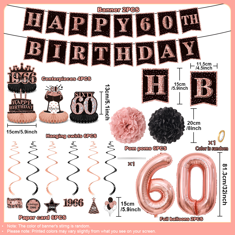 Image of 26pcs 60th Birthday Decorations For Women, 60th Birthday Party Supplies Set With Banners, Centerpieces For Table, 60 Foil Balloons, Hanging Swirls, And Tissue Pom Poms I Halloween I Navidad