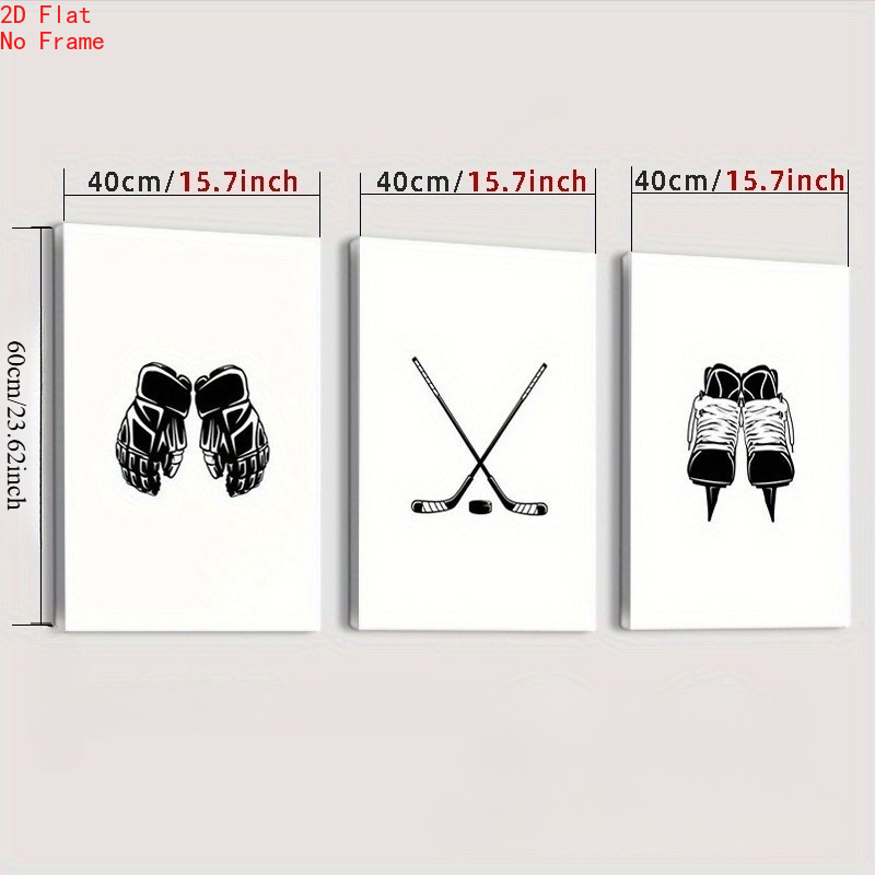 TEMU 2D Plat, 3 Pièces Affiche Sportive Minimaliste Cadre - Bâton de Hockey, Patins à Glace & Boxe - Vertical Noir/Blanc - Décoration Moderne pour