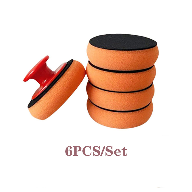 Image of Set Of 6, 4-inch Orange Polishing Sponge Pads, Wax Applicator Pads Featuring A Handle, High-density Buffing Pads With A Backing Plate, Ideal For Polishing And Waxing With A Grip Handle