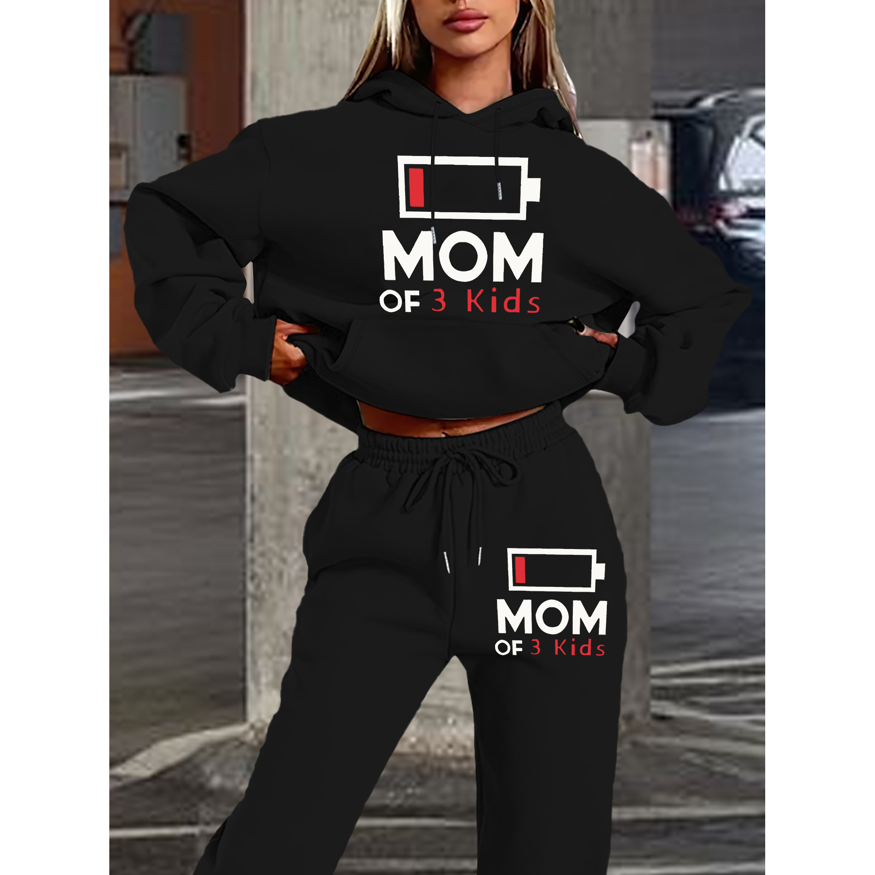 

1 Set 's Sweatshirt And Sweatpants Letter , Hooded Long Pullover And Drawstring , Knitted , - /