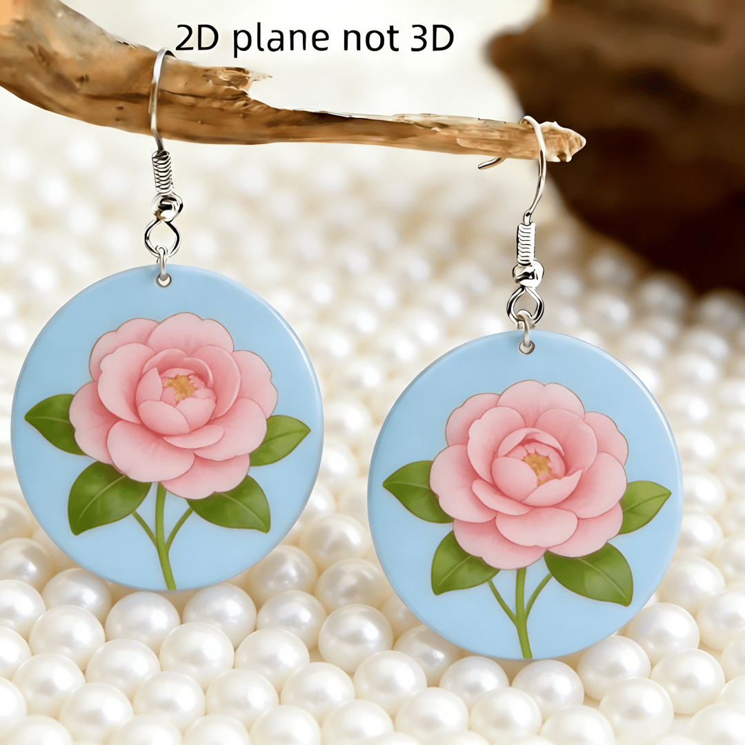 Women's Pink Camellia Flower Round Acrylic Drop Earrings