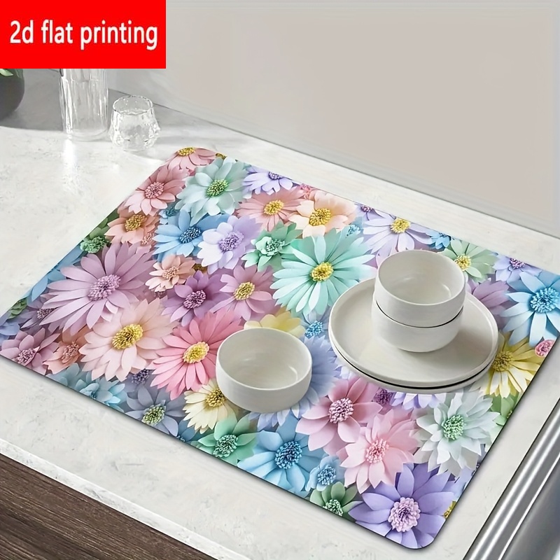 TEMU 2d Flat Printing, 1pc, Colorful Floral Pattern Absorbent Placemats, With Multicolored Floral Patterns In Pink, Light Purple, Sky Blue, And Teal.