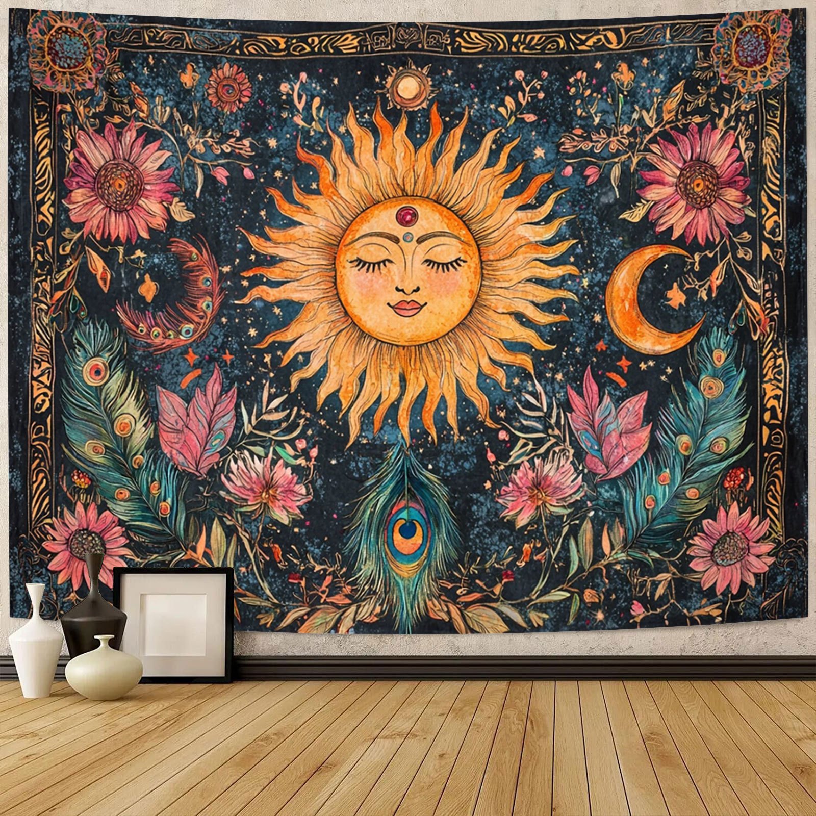 TEMU Sun And Moon Tapestry Vintage Bohemian Wall Hanging Sun Moon Floral Peacock Whimsical Tapestry Wall Hanging Large Polyester Canvas, Aesthetic