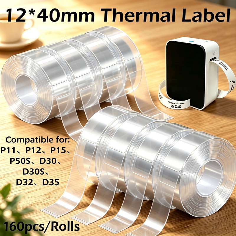 TEMU 8 Rouleaux d'Étiquettes Autocollantes Blanches/Transparentes 12*40mm, 160 Étiquettes par Rouleau, Résistantes à l'Huile et à la , Compatibles