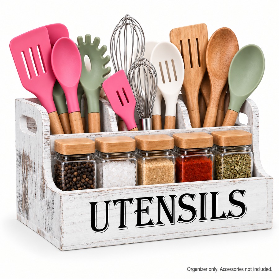 TEMU Utensil Holder For Kitchen Counter, Large Wooden Kitchen Utensil Storage Box, 4 Compartments With Removable Dividers & Built-in Handles,