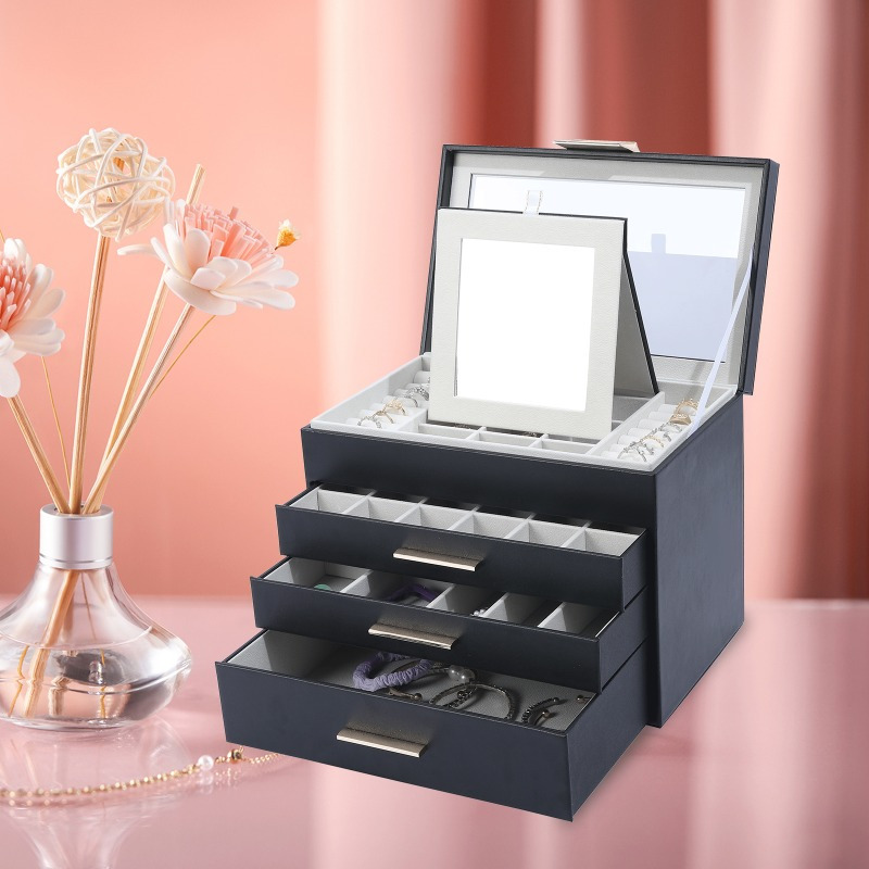 BOOVO Advanced 4-layer Jewelry Box -3-layer Drawer Large Capacity Storage - Transparent Window Design - Suitable for Displaying and Storing Jewelry - Built-in Flip Mirror - Equipped with Necklace Hook - Multifunctional Faux Leather Jewelry Box