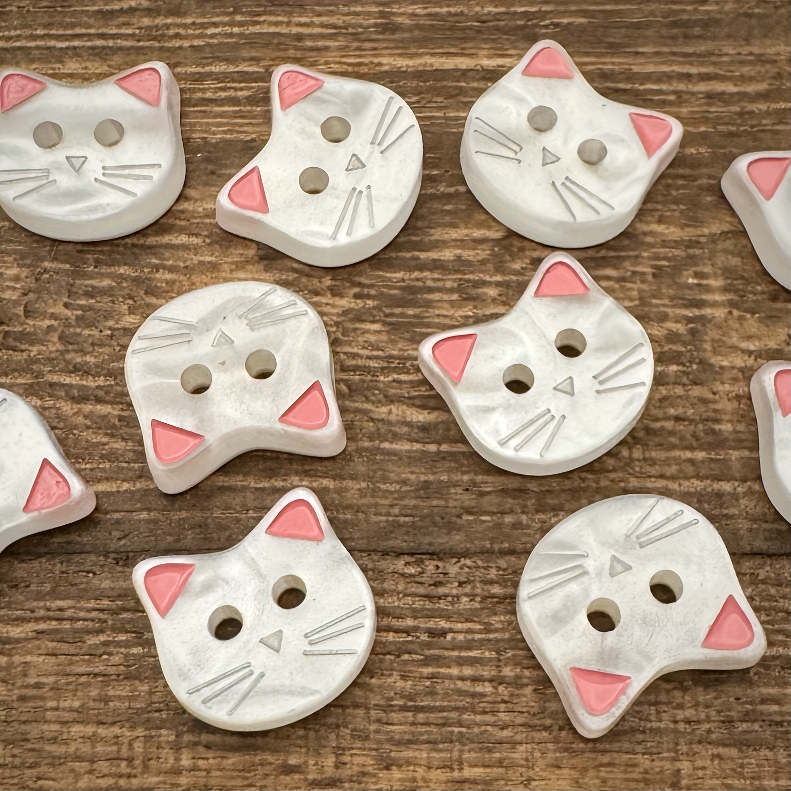 Image of 12 Cute Buttons Of 12 Mm With Pink Ears, Small Cartoon Cat Animal Buttons For Cardigans, Handmade Additions, Decorative Buttons