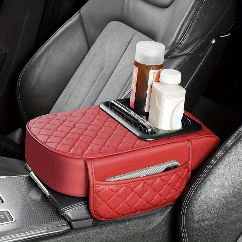 Car Armrest Cushion Pad – Height Increase, Leather With Storage Pockets, Fits Most Vehicles