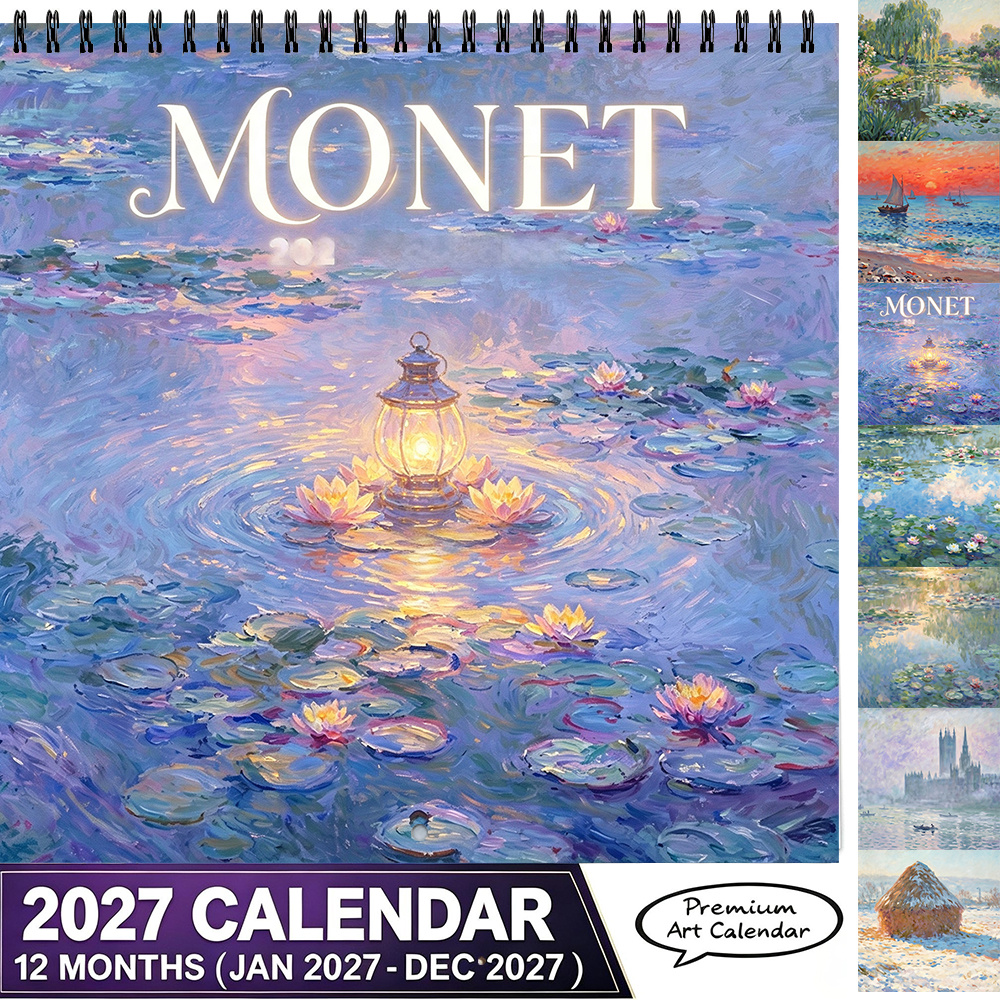 TEMU 8.3 Inch Water Lily Art Wall Calendar Vintage Hanging Calendar 2025 Home Monthly Calendar Living Room Bedroom Wall Decor Painting Christmas New