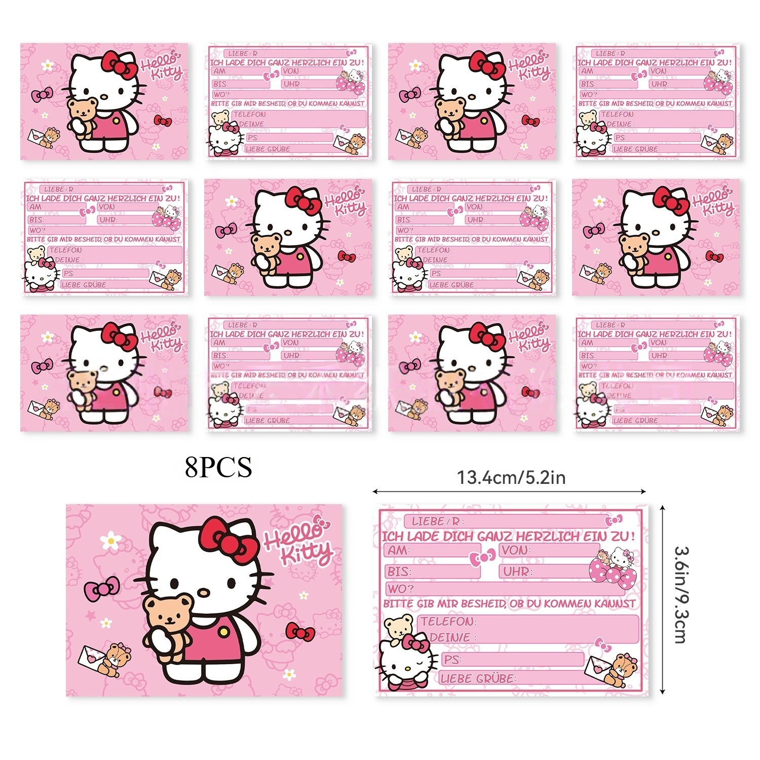 Image of Official Postcards! 8pcs Hello Kitty Themed Invitation Cards, Adorable Pink Hello Kitty Style Birthday Party Invitations, Fillable Pink Girly