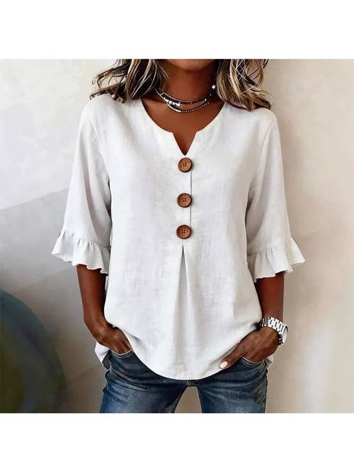 womens casual notch v neck blouse 3 4 ruffle cuff sleeve tunic tops with decorative buttons loose relaxed fit daily wear shirts fashion curved hem for spring summer versatile dressy everyday pullover to match jeans pants for shopping
