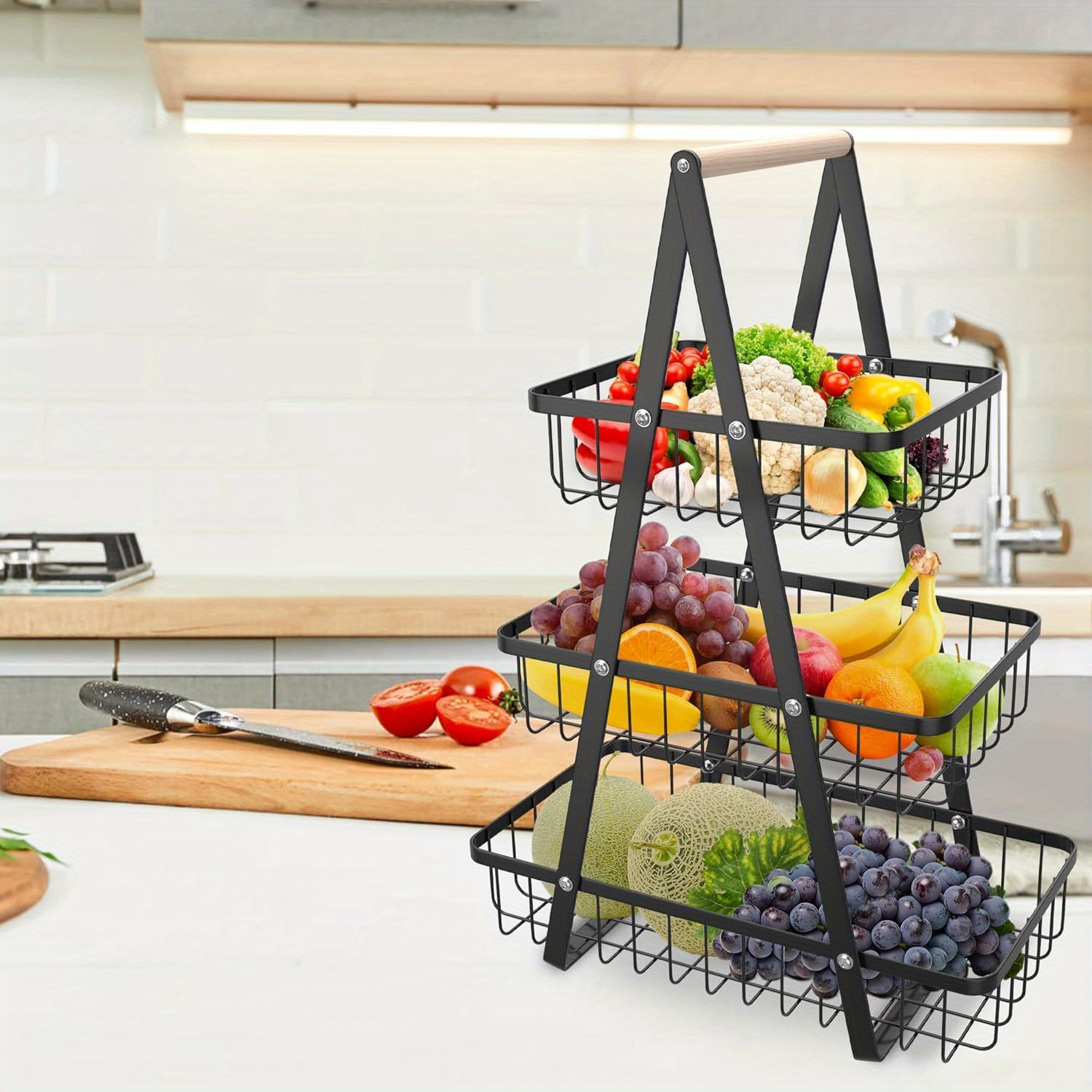E-shop 3-stufiges Obstregal mit abnehmbarem Obstkorb, Mehrzweck-Aufbewahrung für Obst, Gemüse Snacks. Schwarz