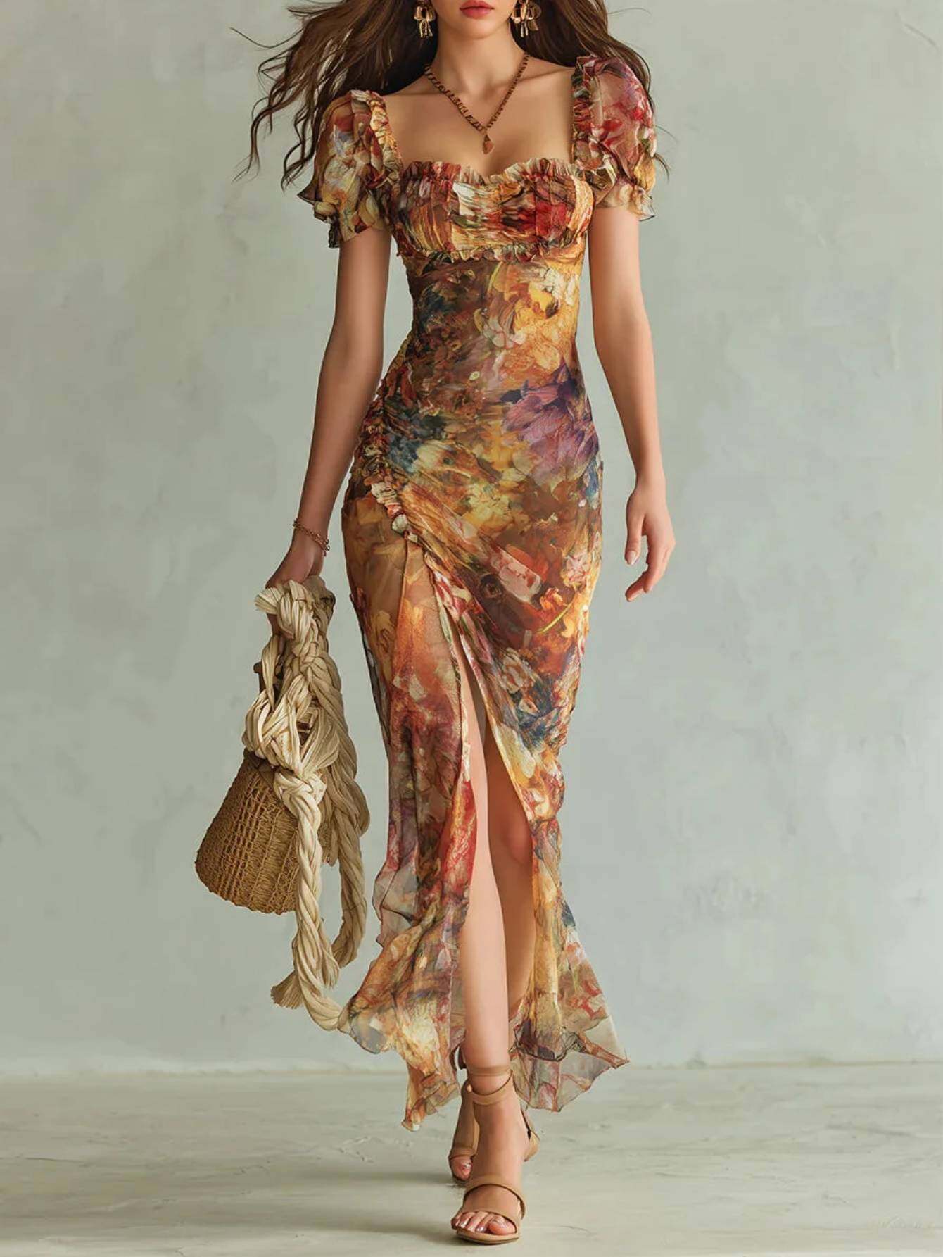 Vintage Oil Painting  -Neck Puff Sleeve Cinched Waist Slit Long Dress for Women | Elegant French Romantic   Suitable for Spring And Summer Dates, Dinners & Afternoon Tea, Casual   And Streetwear Occasions