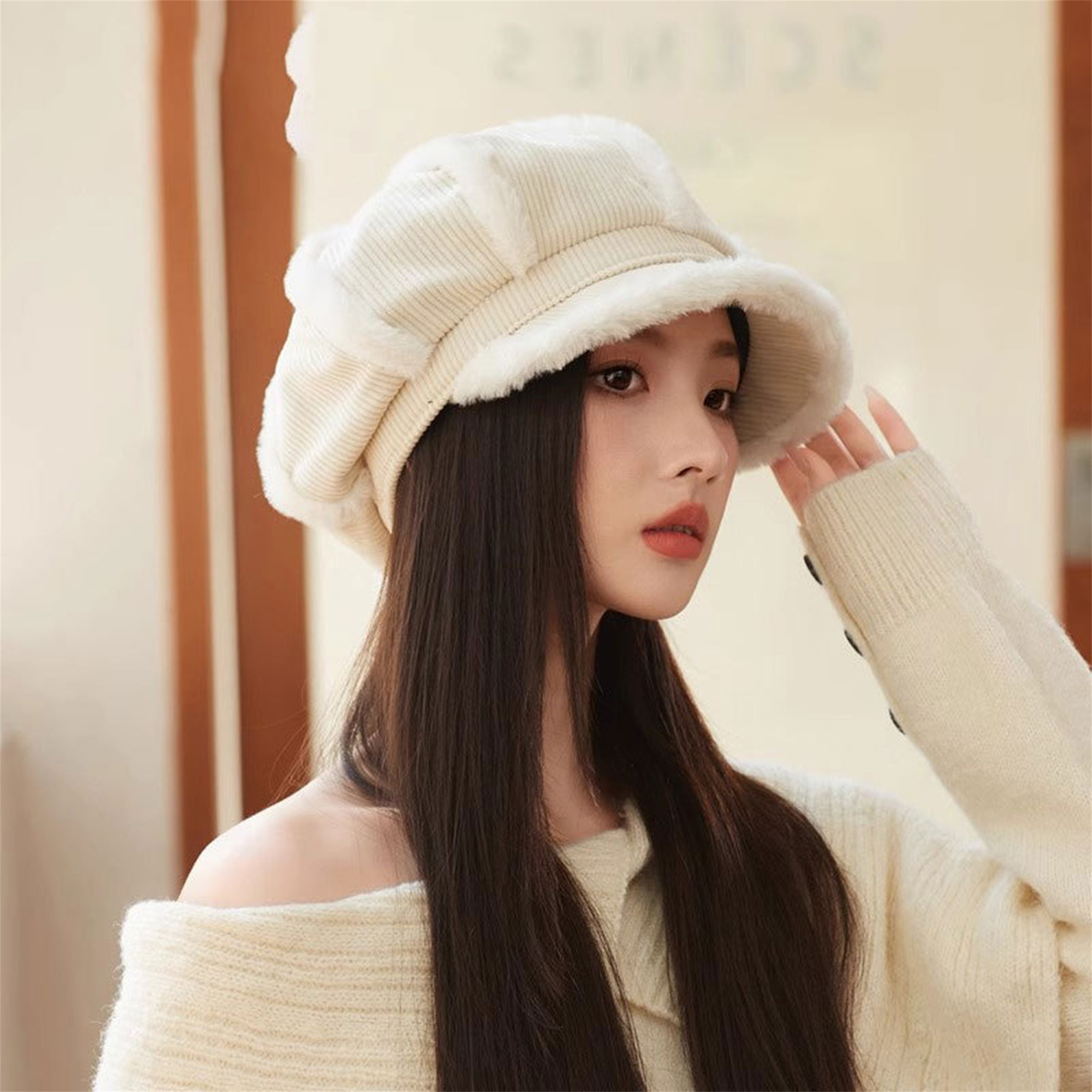 Women'S Winter Plush Beret, Polyester Knit Elastic Lightweight Fashion Hat,  with Soft Fur Trim, for Large Head Small Face, Machine Washable