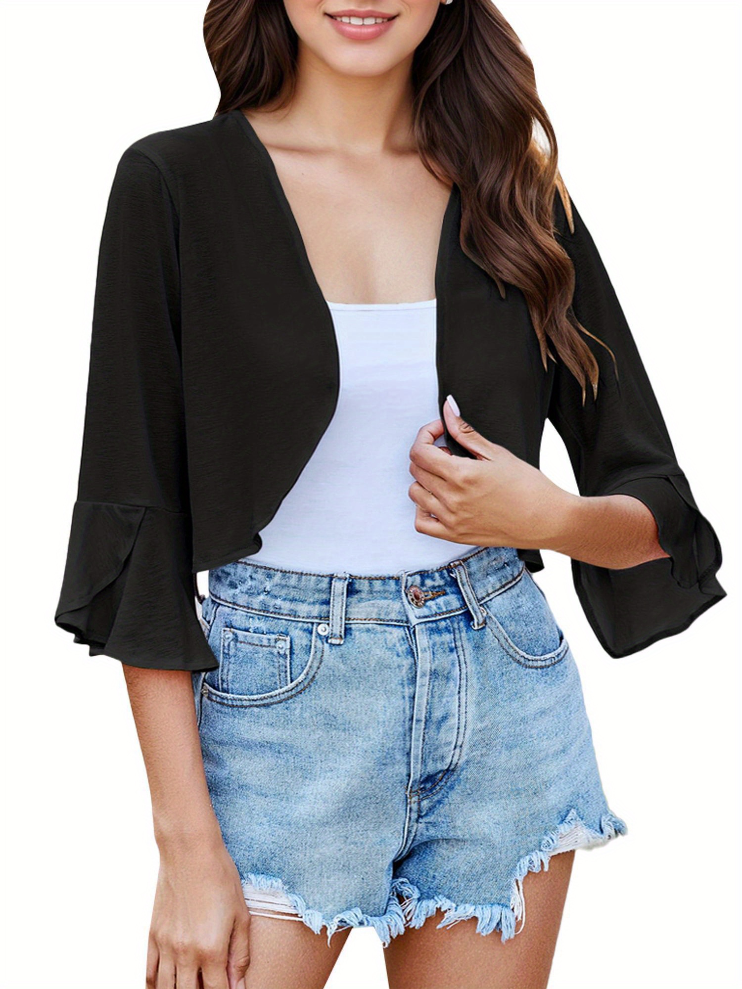 KIRAN FASHION Womens Tie Up 3/4 Sleeve Ladies Fine Knit Bolero Cropped