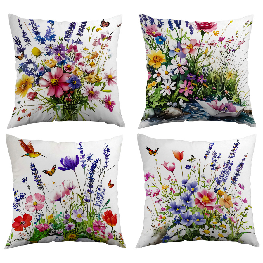TEMU Set Of 4 Spring Floral Themed Single-sided Printed Pillow Covers, Featuring A Design Of Paper Sailboats Spring Flowers By A Stream, With Zipper