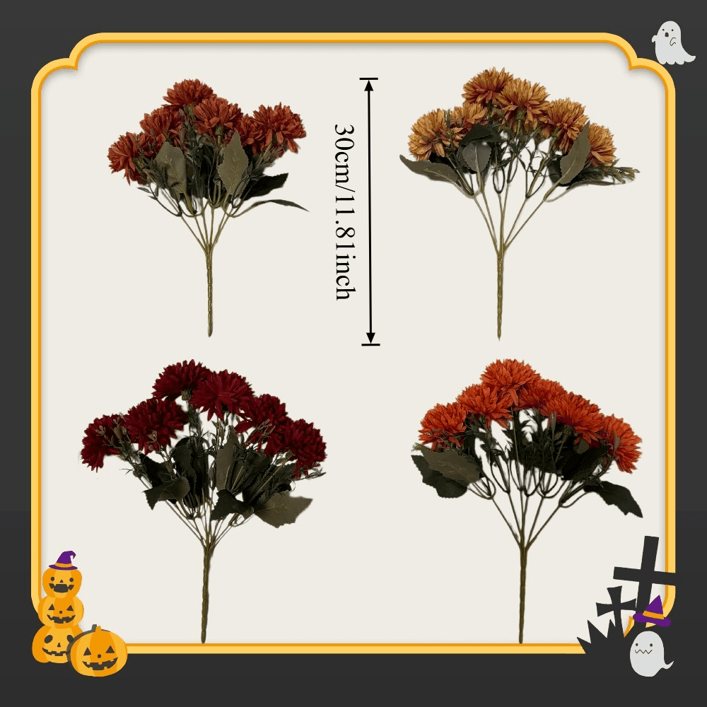 TEMU 24pcs Pompon Chrysanthemums 4pcs Autumn Vintage Tones Pompon Bouquets Multicolor 3d Chrysanthemum Shapes Fabric Artificial Petals Suitable For