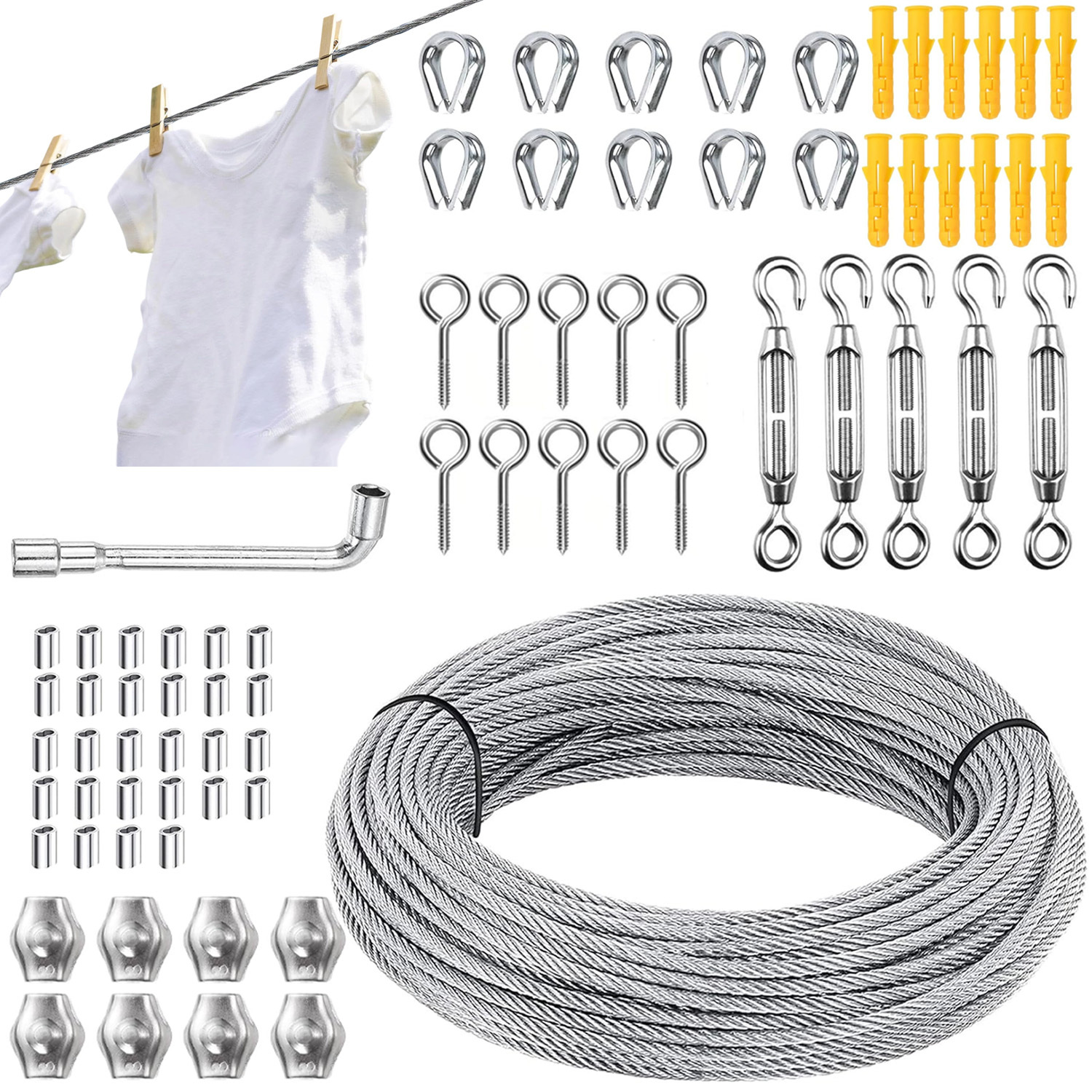 Image of 29m*3mm Stainless Steel Wire Rope With 4 Tensioners, Durable Hanging Kit For Garden & Patio