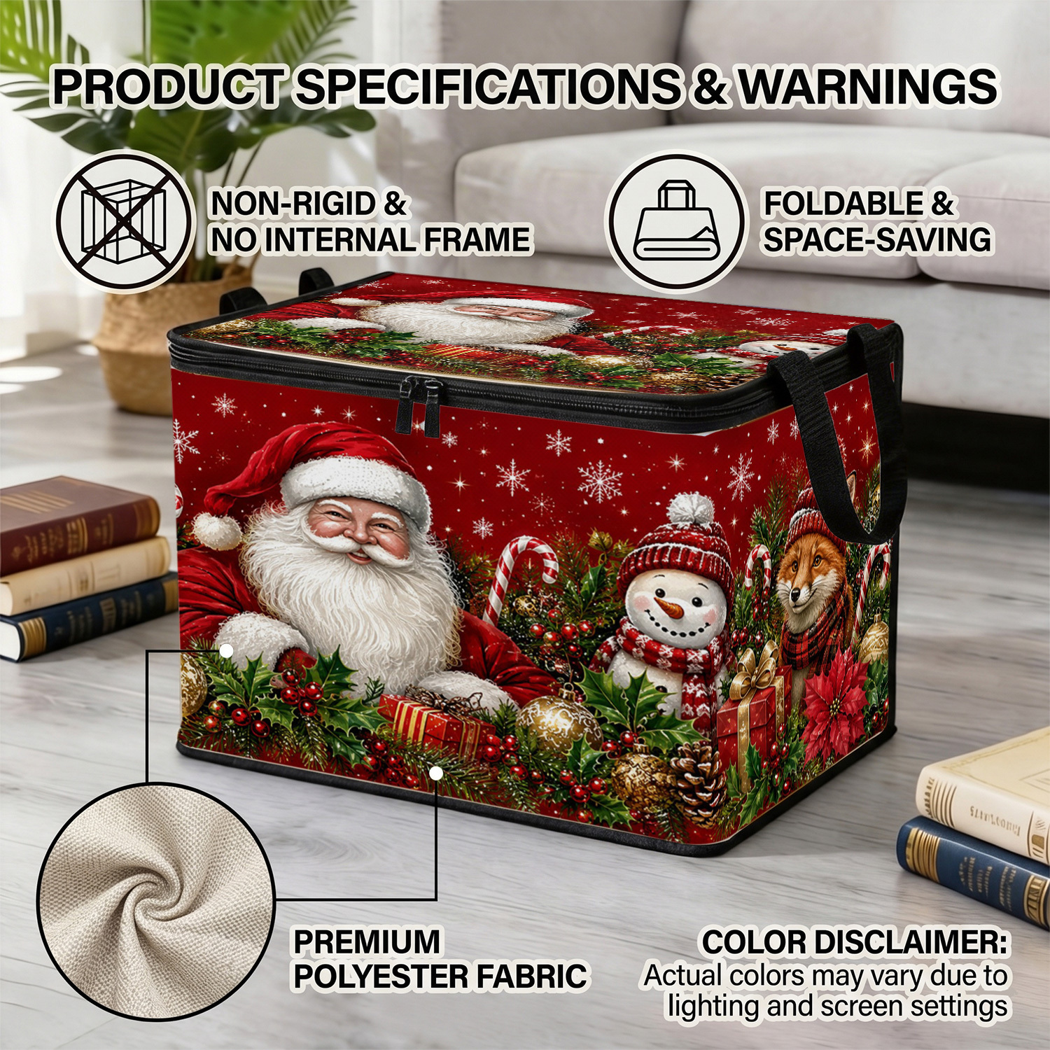 TEMU 1pc Background Santa Claus Christmas Print Storage Box Under-bed Storage, Red Tone Santa Claus Small Animals Holiday Pattern, Storage For Home