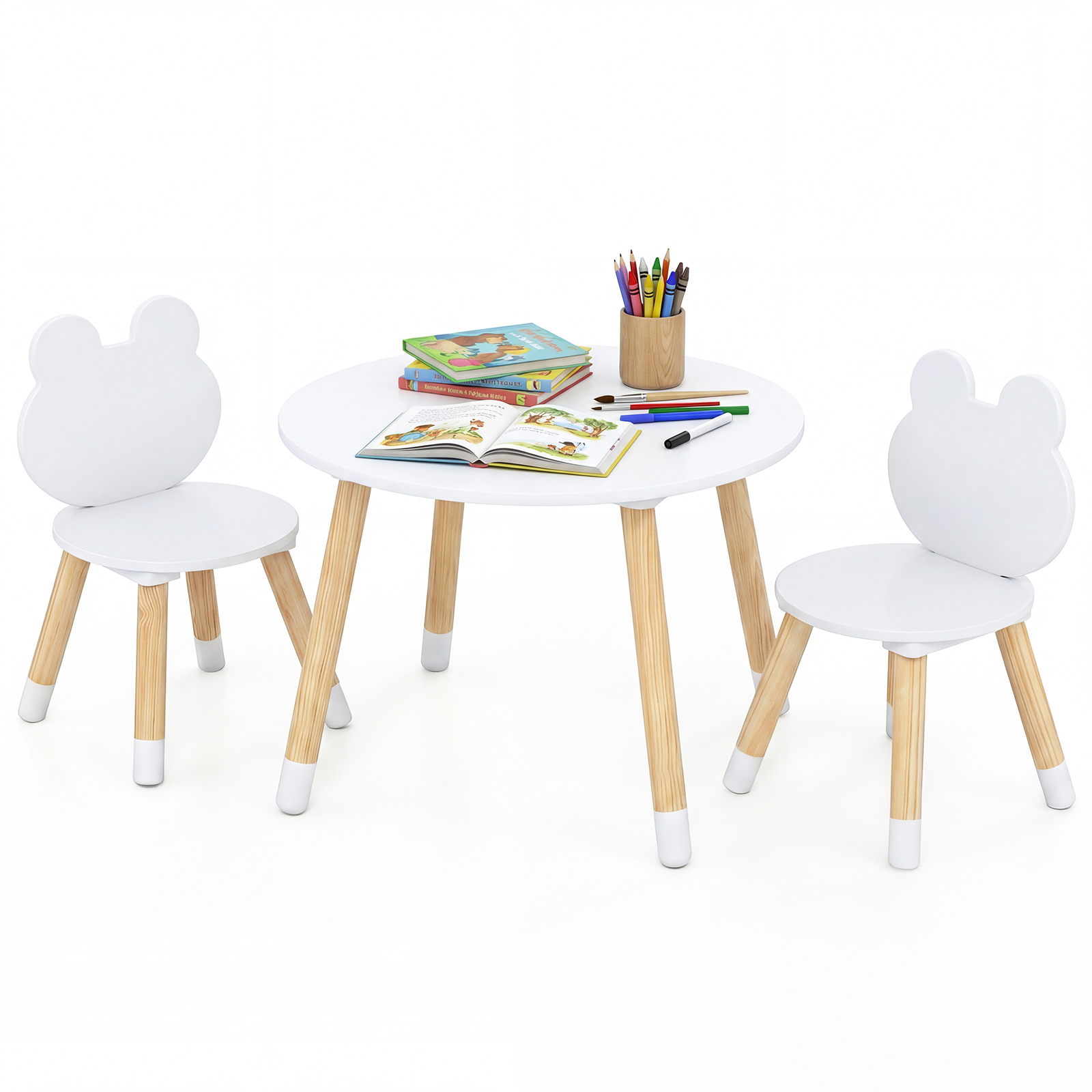 Image of Kids Table & Chairs Set, Children Multi-activity Desk & Frog-shaped Chair Set W/wooden Legs For Classroom Daycare , Art, Craft, Reading, Learning, 3+ Years Old, White