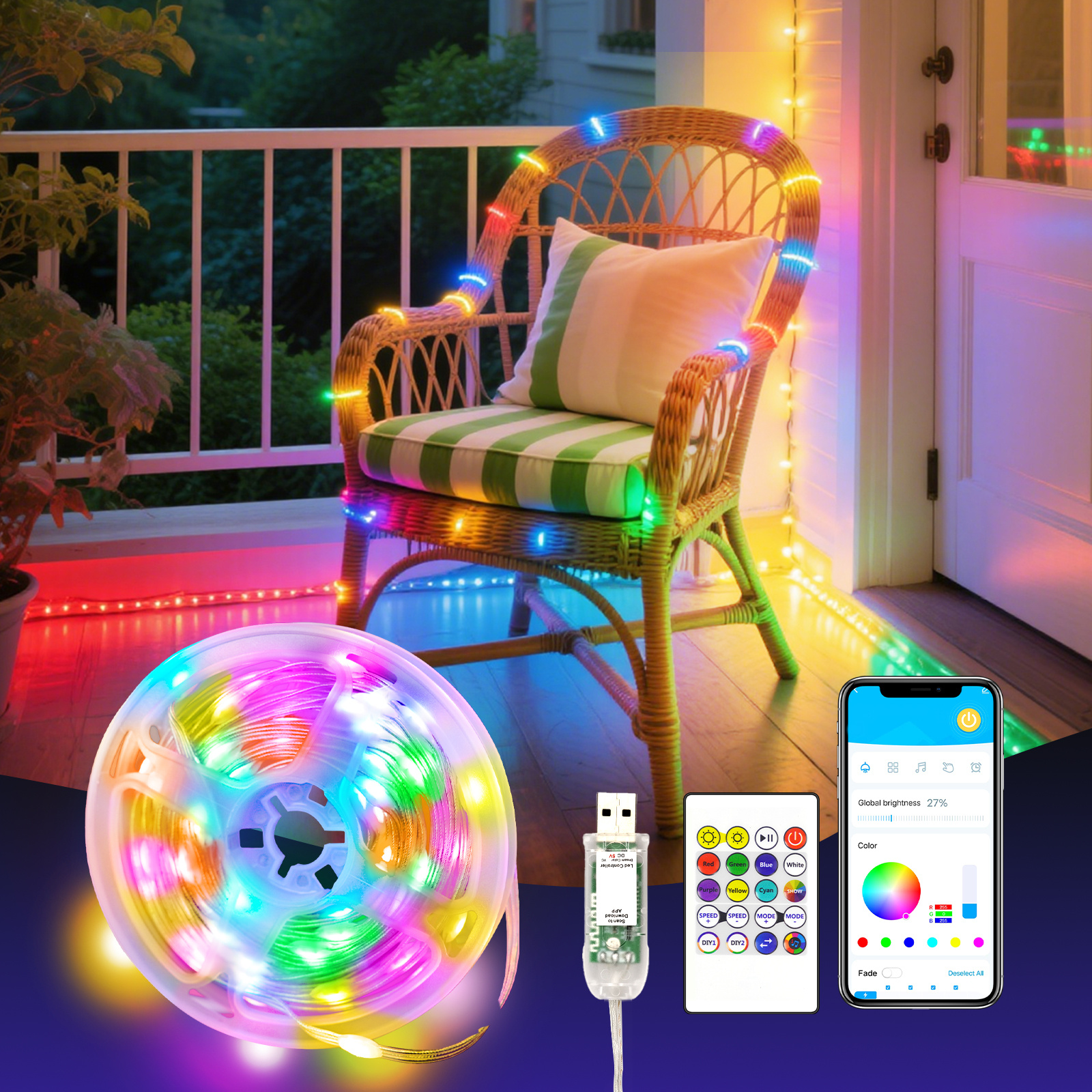 TEMU Rgb Smart Ic Fairy Lights, 3 Control :app & Remote Control&controller Box, Multicolor String Lights, Usb Powered &, Christmas Light Decoration