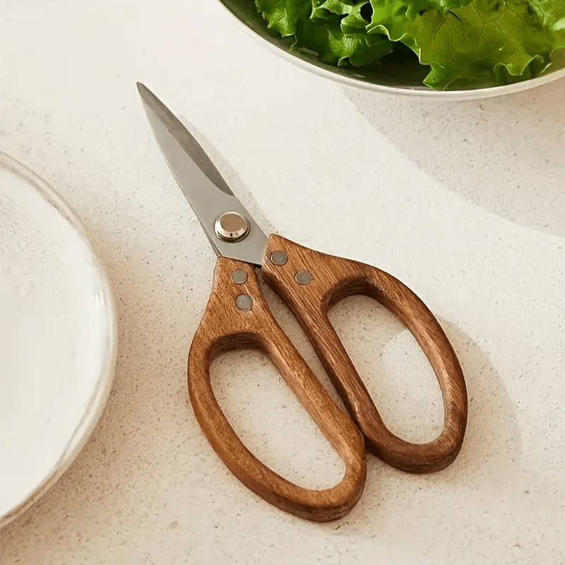 TEMU New High-quality Stainless Steel Kitchen Scissors With Comfortable Acacia Wood Handles - 3.0mm Thick, Durable , Suitable For Cutting Meat,