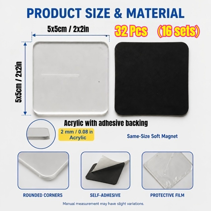 TEMU 32pcs (16 Sets) Fridge Magnet Making Kit, Acrylic With Pre- Backing - Upgraded Style, Includes Square Acrylic Patches With Backing And Soft